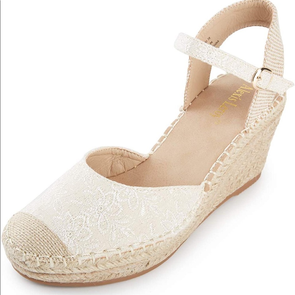 Alexis Leroy adorable embroidered closed toe buckle strap espadrille wedge.